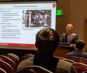 Dillon Watring presenting his work on microstructure and mechanical properties of AM IN718.